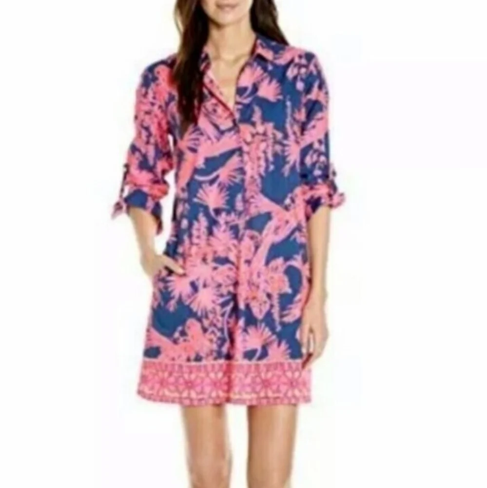 Lilly Pulitzer Lillith Tunic Dress XL Rayon Indigo Night 3/4 Roll Sleeve - Picture 2 of 8